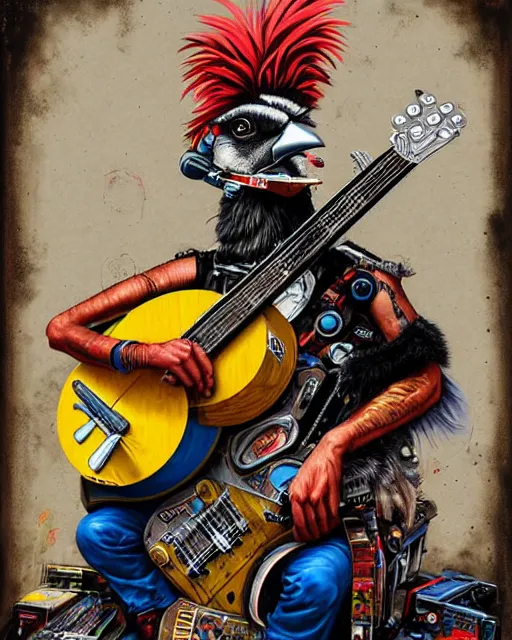 Image similar to a portrait of an anthropomorphic cyberpunk rooster strumming a banjo by sandra chevrier, by jon foster, detailed render, tape deck, epic composition, cybernetics, 4 k realistic, cryengine, realistic shaded lighting, sharp focus, masterpiece, by enki bilal