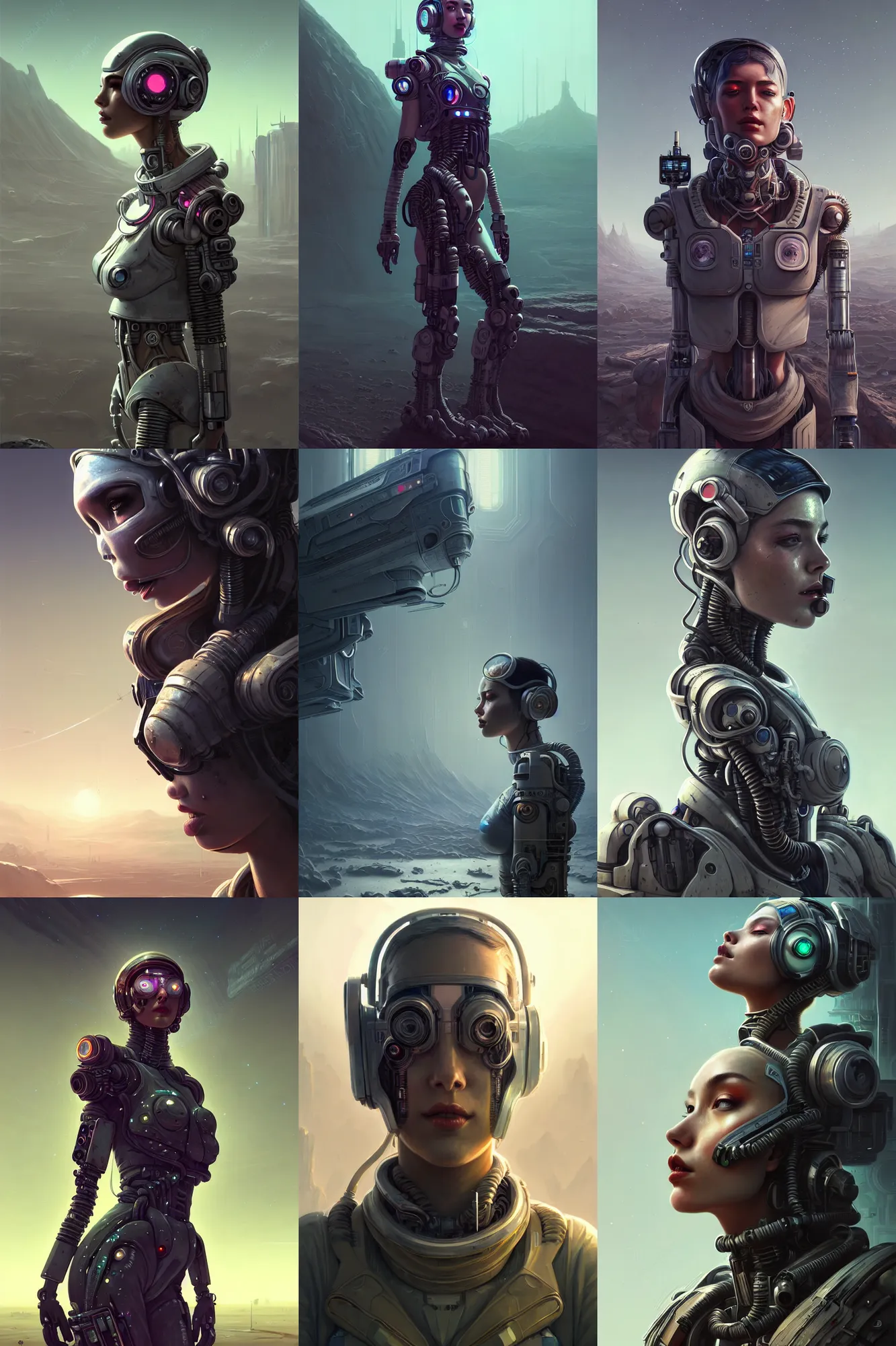 Image similar to ultra realistic style illustration, beautiful alluring nasa cyborg in an apocalyptic wasteland, gorgeous face, cyberpunk, sci - fi, fantasy, intricate, elegant, highly detailed, digital painting, artstation, concept art, smooth, sharp focus, illustration, art by mansik yang and rashed alakroka and simon stalenhag and wlop