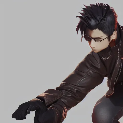 Image similar to an epic anime of a man energy, leather jacket, leather gloves, ghibli, unreal 5, octane render, rpg portrait, dynamic lighting, epic, epic anime, 2 d