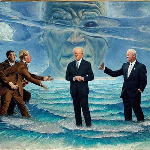 Image similar to terrifying, surreal portrait of joe biden standing up to his shoulders in turbulent, shadowy water by j. c. leyendecker, bosch, william blake, stephen gammell, jon mcnaughton, and beksinski