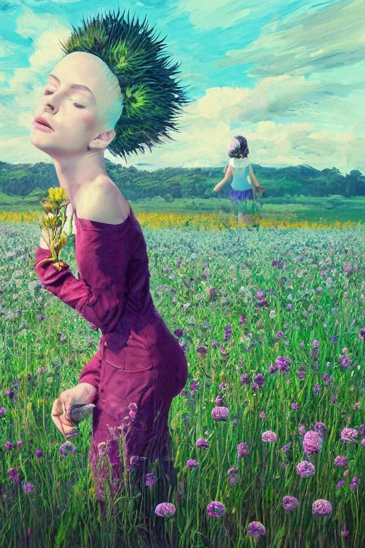 Prompt: portrait, a huge thistle flower under head, girl in suit in a field of flowers, surreal photography, sunrise, blue sky, dramatic light, impressionist painting, digital painting, artstation, simon stalenhag