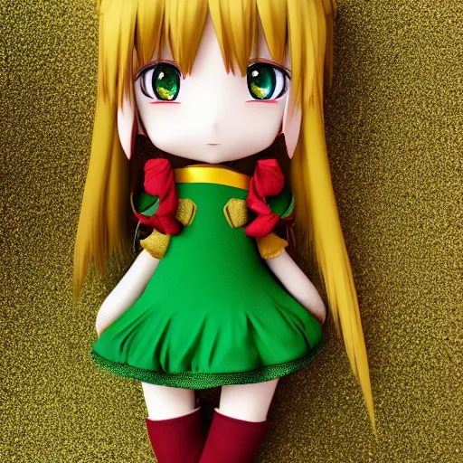 Prompt: cute fumo plush of a girl in a green and gold and wine red shiny dress, lens flare, anime girl, vray