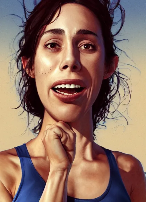 Image similar to full length photo of a very sweaty Oona Chaplin in a tanktop in the style of stefan kostic, full slim body, screaming. not realistic, sharp focus, 8k high definition, insanely detailed, intricate, elegant, art by stanley lau and artgerm