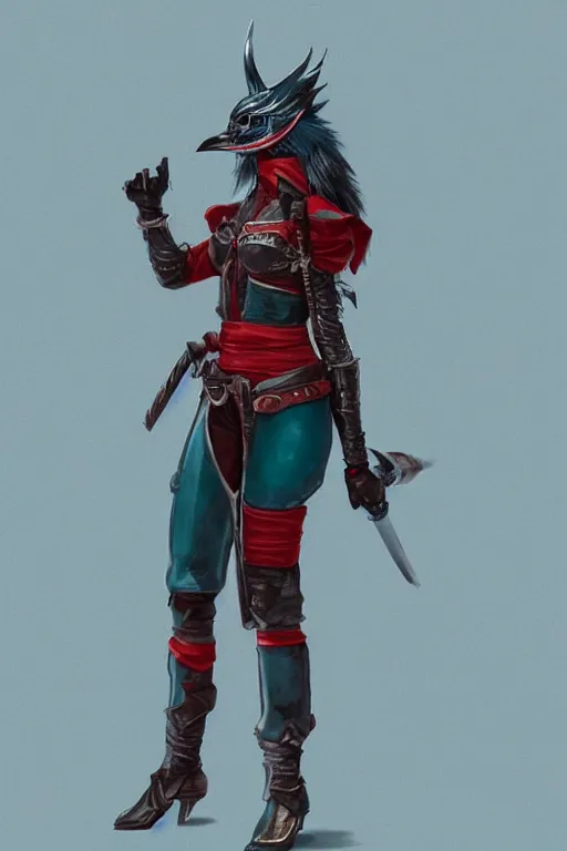 Image similar to female adventurer in tight full - body teal leather armor of japanese design with red accents and a white porcelain crow mask, trending in artstation, japanese, establishing shot