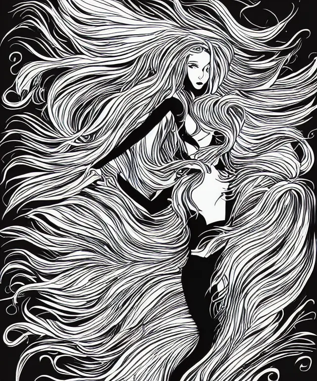 Image similar to black and white illustration, creative design, beautiful mermaid, full body, flowing hair