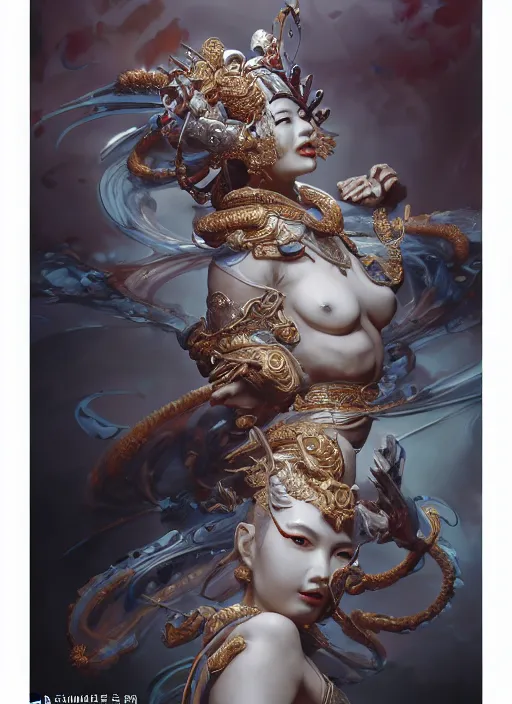 Image similar to subsurface scattering, white, koi, female samurai deity with filigree fantasy armor, by jesper ejsing, james jean, justin gerard, tomasz alen kopera, cgsociety and fenghua zhong, highly detailed, rim light, cinematic lighting, illustration, art, octane render, very coherent, cinematic, hyper realism, high detail, 8 k