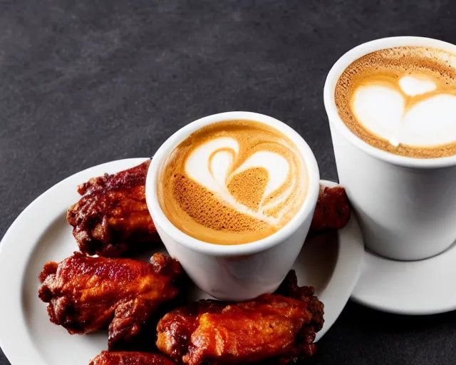 Image similar to A cup of coffee next to hot wings covered in a lot of cheese, Cinematic shot, 8k resolution