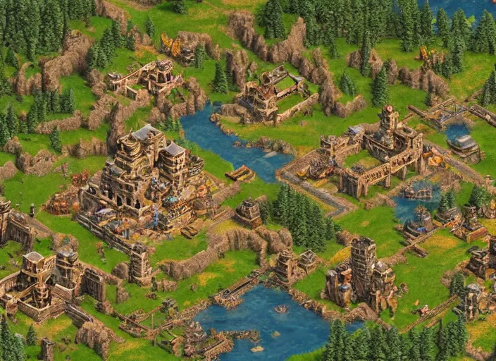 Prompt: isometric map of age of empires video game, procedural, top down, AOE2 , civilization, river, forest, cave, mountain, game level, map, woods, hills, buildings, snow, , digital art,realistic,detailed,art by greg rutkowski