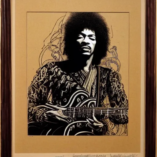 Image similar to artwork by Franklin Booth showing a portrait of Jimi Hendrix