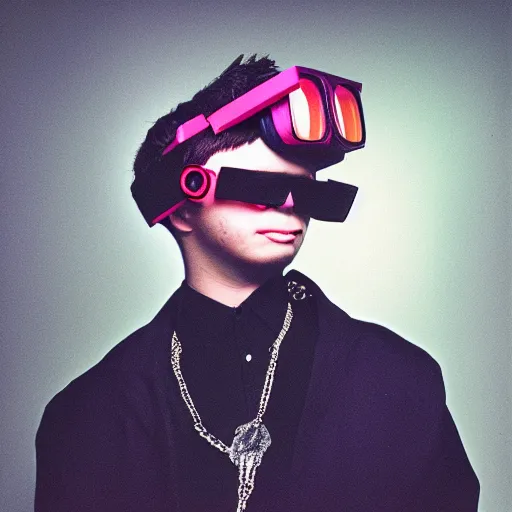 Image similar to kodak ektar 1 0 0 photograph of a nerdy goth guy wearing goggles and eclectic jewelry, moody lighting, telephoto, 9 0 s vibe, blurred background, vaporwave colors, faded!,