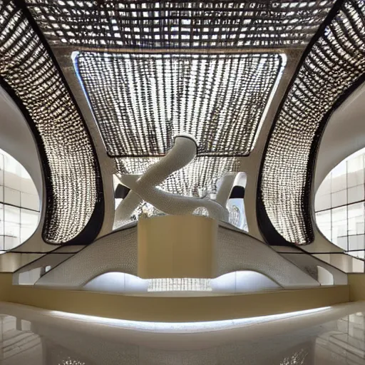 Image similar to extremely detailed ornate stunning beautiful elegant futuristic museum lobby interior by Zaha Hadid