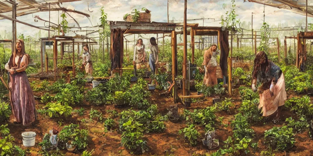 Image similar to post-apocalyptic oil painting of women cultivating an aquaponic system, wide shot, indoors