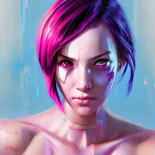 Prompt: cyborg girl with cute - fine - face, pretty face, purple and pink hair, realistic shaded perfect face, fine details by realistic shaded lighting poster by ilya kuvshinov katsuhiro otomo, magali villeneuve, artgerm, jeremy lipkin and michael garmash and rob rey