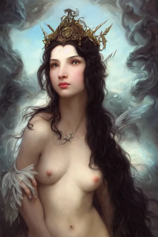 Image similar to a fantasy comic book style portrait painting of a beautiful woman with pale skin and long black hair, mystical valkyrie, francois boucher, oil painting, unreal 5, hyperrealistic, octane render, regal, refined, detailed digital art, rpg portrait, william - adolphe bouguereau, michael cheval, walt disney, steampunk, dynamic lighting, highly detailed, unreal engine