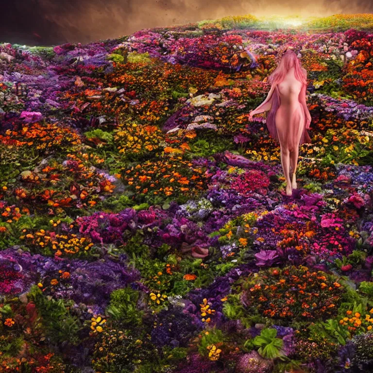 Image similar to a planet of various flowers, fungus and plants, in which the singular human figure is dressed in something magical and impressive, inside the picture is infinity, sunset light, Atmospheric phenomenon, artistic photography, muted colors, conceptual, long exposure outside the city, volumetric light