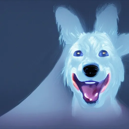 Image similar to cinematic portrait of strange kazakh drugged dog, concept art, glowing light