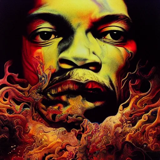 Image similar to colour masterpiece surreal closeup portrait photography of jimi hendrix by miho hirano and annie leibovitz and michael cheval, weird surreal epic psychedelic complex biomorphic 3 d fractal landscape in background by kilian eng and roger dean and salvador dali and beksinski, 8 k