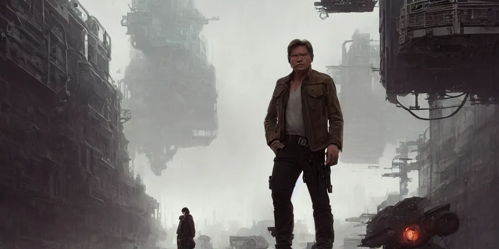 Prompt: a highly detailed epic cinematic concept art CG render digital painting artwork: wide shot of Soviet dieselpunk Han Solo played by Harrison Ford directed by David Fincher. By Greg Rutkowski, Ilya Kuvshinov, WLOP, Stanley Artgerm Lau, Ruan Jia and Fenghua Zhong, trending on ArtStation, subtle muted cinematic colors, made in Maya, Blender and Photoshop, octane render, excellent composition, cinematic atmosphere, dynamic dramatic cinematic lighting, precise correct anatomy, aesthetic, very inspirational, arthouse