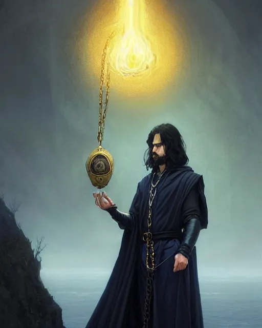 Image similar to handsome mage meditating holding a tellurion! on a chain, long black hair blue eyes wearing leather mantle gothic navy cloak with gold details, cliffside town, fantasy character portrait, hyperrealism, concept art, intricate details, highly detailed by greg rutkowski, ilya kuvshinov, gaston bussiere, craig mullins, simon bisley