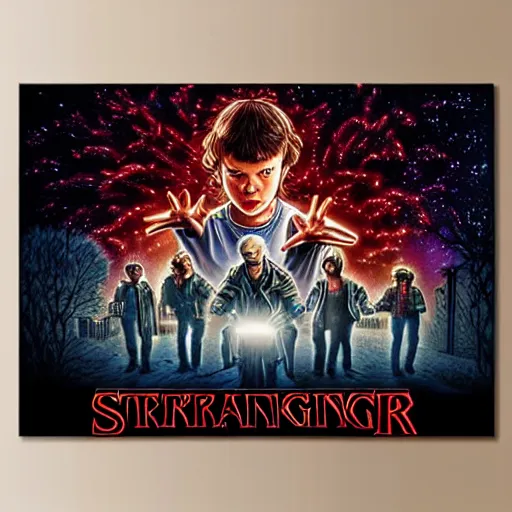 Prompt: stranger things new season poster, artstation hall of fame gallery, editors choice, # 1 digital painting of all time, most beautiful image ever created, emotionally evocative, greatest art ever made, lifetime achievement magnum opus masterpiece, the most amazing breathtaking image with the deepest message ever painted, a thing of beauty beyond imagination or words