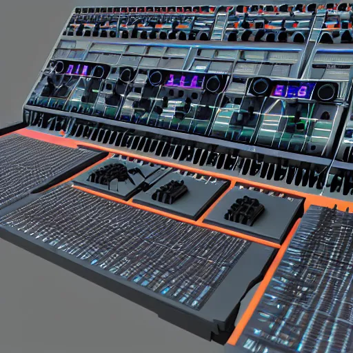 Image similar to a 3 d render of an unreleased hyper futuristic moog synthesizer made by aliens