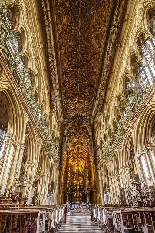 Image similar to photo inside a cathedral overgrown by lush plants, ornate highly detailed intricate