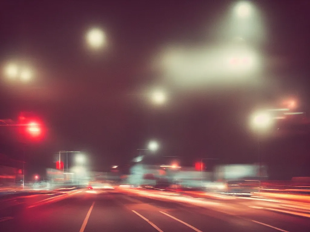 Image similar to “photography of busy intersection, motion blur , fog, red lights, night, mood, atmospheric, full of colour, digital photography”