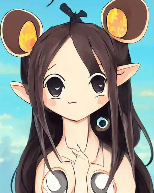 Image similar to A cute wakfu-style frontal painting of a very very beautiful anime skinny mousegirl with long wavy brown colored hair and small mouse ears on top of her head wearing a cute black dress and black shoes looking at the viewer, elegant, delicate, feminine, sharp focus, higly detailed, smooth , pixiv art, ArtStation, artgem, art by alphonse mucha Gil Elvgren and Greg rutkowski, high quality, digital illustration, concept art, very long shot