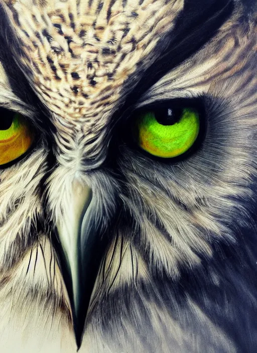 Prompt: realistic portrait beautiful painting of owl, triple eye pupil. facing right, fine art, sinister, trending on artstation, smooth draw, sharp focus, digital art, bright colors, fine draw, perfect lighting, high render, high resolution.