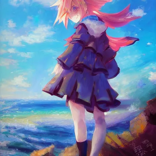 Image similar to Beautiful abstract impressionist painting of Kirisame Marisa from the Touhou project standing on a cliff overlooking the sea, touhou project official artwork, danbooru, oil painting by Antoine Blanchard, wide strokes, pastel colors, soft lighting sold at an auction