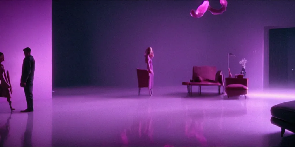 Image similar to cinestill of a giant form made of purple wax float through the living room film still from the movie directed by denis villeneuve with art direction, pouring rain menacing lights shadows, 8 k, hd, high resolution, 3 5 mm, f / 3 2, ultra realistic faces, lost highway