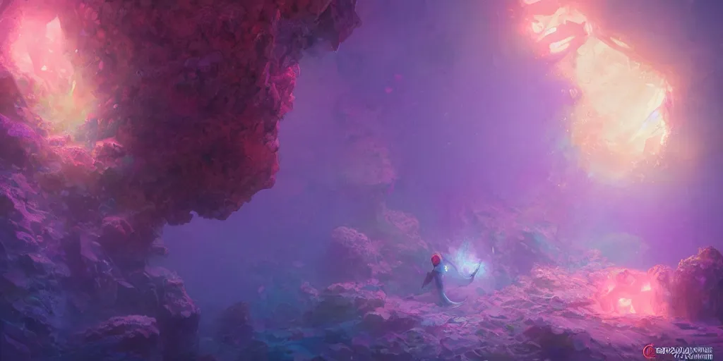 Image similar to crystal golem creature, purple orange pink colors, underwater coral cavern background, concept art, beautiful lights, d & d, fantasy, highly detailed, masterpiece, volumetric lighting, digital painting, artstation, smooth, sharp focus, illustration, art by artgerm, by greg rutkowski