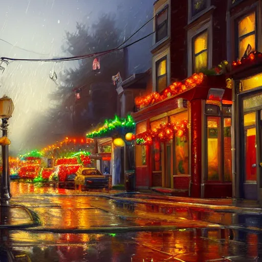 Image similar to a painting of a street corner in Haight neighborhood with a coffee shop covered in christmas lights, by Tyler Edlin, behance contest winner, american scene painting, concept art, streetscape, rainy, cozy