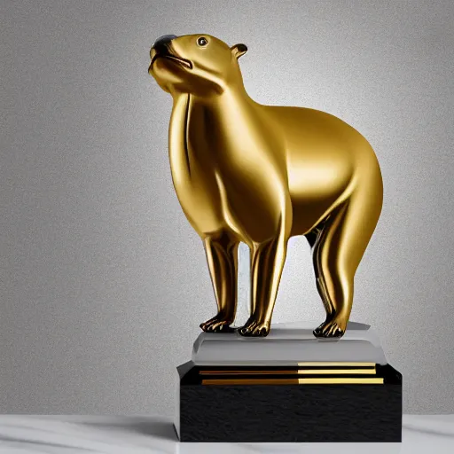 Image similar to golden capybara trophy award on a marble pillar, white background, soft lighting