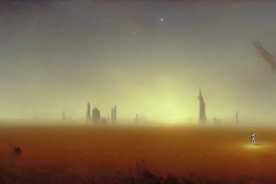 Prompt: sci-fi painting of a large alien city on the vast wheat fields, the closed back view of only one humanoid robot on the ground, by Ivan Aivazovsky, godrays, detailed