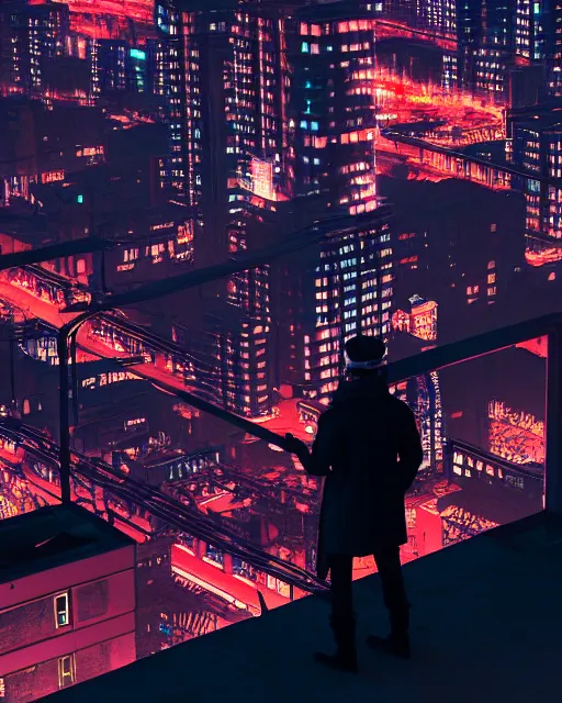 Image similar to an unreal engine rendered night rooftop scene colored by Liam Wong, neon lights in the city below, close up shot of a photorealistic gangster wearing a trench coat looking at the city below, dark mood, octane render, unreal engine, raytracing