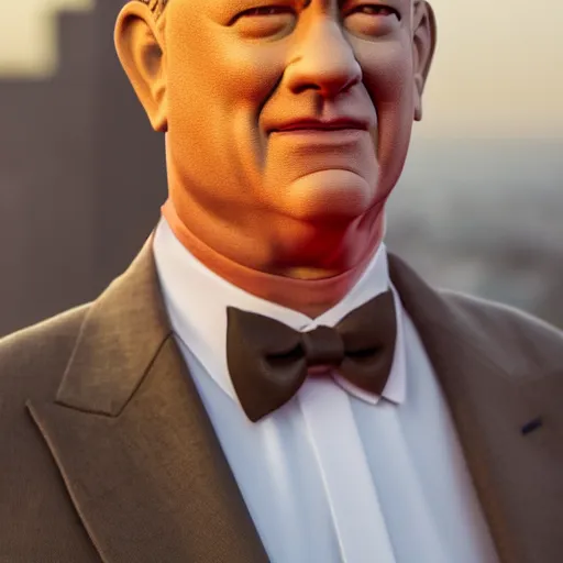 Image similar to a portrait of tom hanks taken on the balconey of a tall building at sunset, photoreal, 4 k, photograph