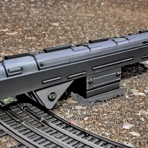Prompt: an hd photograph, of a completely 3 d printed rail gun. 5 0 mm lens, f 1. 8.