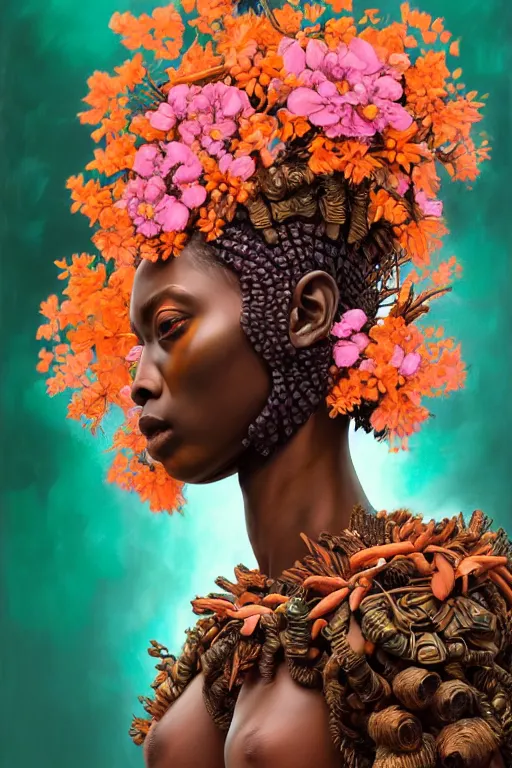 Image similar to hyperrealistic post - renaissance cinematic super expressive! yoruba goddess with exoskeleton armor, merging with tree in a forest, pink orange flowers, highly detailed digital art masterpiece, smooth cam de leon eric zener dramatic pearlescent soft teal light, ground angle hd 8 k, sharp focus