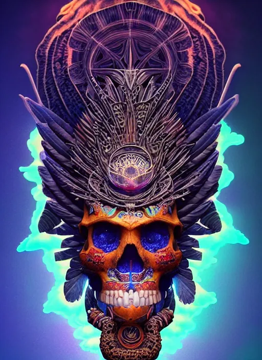 Image similar to 3 d shaman with tattoos profile portrait, sigma 5 0 0 mm f / 5. beautiful intricate highly detailed quetzalcoatl skull and feathers. bioluminescent, plasma, lava, ice, water, wind, creature, thunderstorm! artwork by tooth wu and wlop and beeple and greg rutkowski, 8 k trending on artstation,