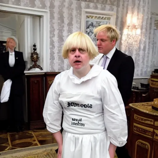 Image similar to boris johnson looking depressed in a maid costume