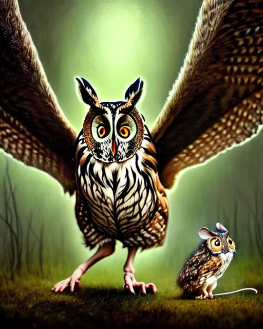 Image similar to an extremely detailed masterpiece painting of a long - eared owl on ground with mouse in it's claws, in the style of brian froud, brian despain, brian bolland, digital art, unreal engine, volumetric lighting, dark moody lighting, trending on artstation, photorealistic, epic scene