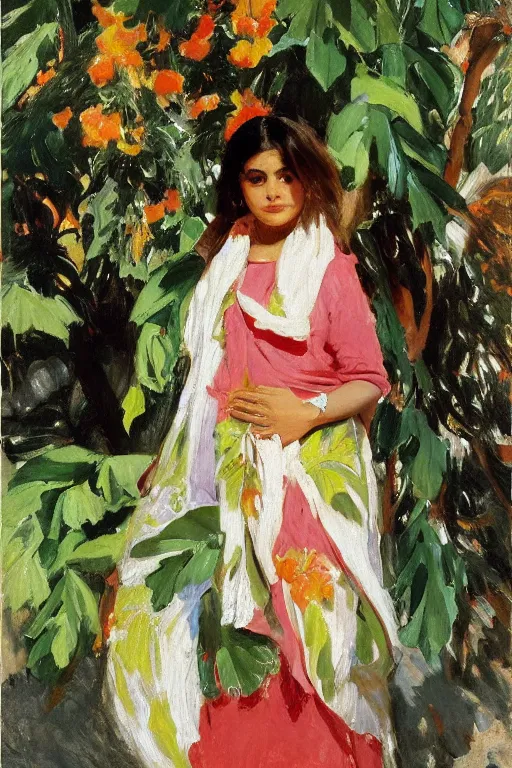 Image similar to portrait of persian girl with arabesque scarf near bougainvillea and palms, painting by john singer sargent