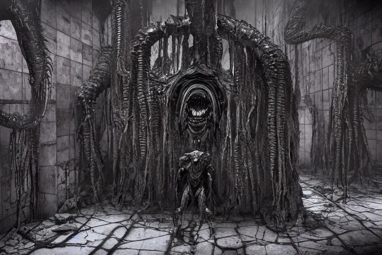 Prompt: the walls became living, writhing, screaming horrors that had many eyes and fanged mouths - oozing black ichor from the void. 8 k 3 d, digital illustration, filmic dslr h. r. giger, michael whelan, chris mars and dariusz zawadzki. unreal engine.