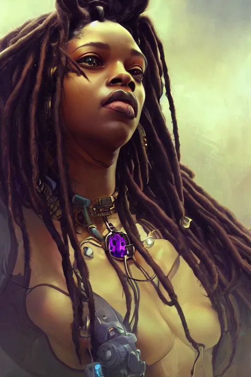 Image similar to ultra realistic illustration, closeup studio photo, black woman with dreads, hacknaut cyberpunk, sci - fi, fantasy, intricate, elegant, highly detailed, digital painting, artstation, concept art, smooth, sharp focus, illustration, art by artgerm and greg rutkowski and alphonse mucha