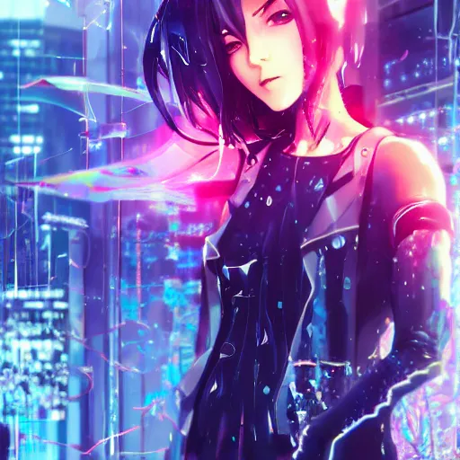 Image similar to full body!!!, digital cyberpunk anime!!, shattered beautiful cyborg - girl!!!, lightning, raining!!, water refractions!!, black long hair!, colorful reflective eyes, full round face!, biomechanical details, mid - shot, reflections, wlop, ilya kuvshinov, artgerm