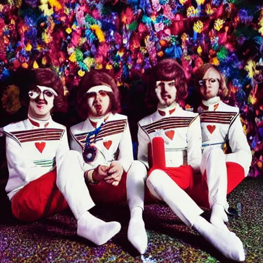 Prompt: 1 9 6 0 s photograph of a 4 piece white male psychedelic rock band in peppermint themed sailor outfits posing with instruments in a set that resembles sgt. pepper's lonely hearts club band
