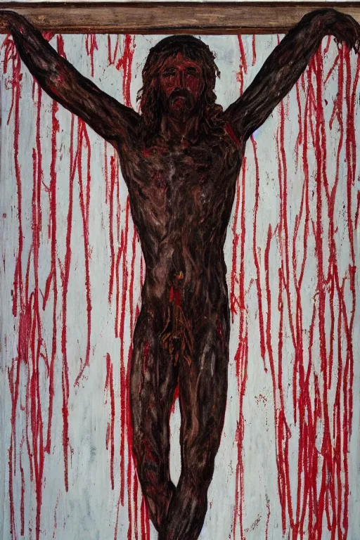 Image similar to bloody jesus christ crucified painted by cy twombly and alex katz