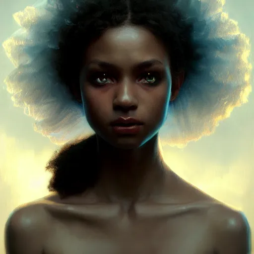 Image similar to a Photorealistic dramatic hyperrealistic bright blue eyes, African American girl, black hair, white veil,by WLOP,Artgerm,Greg Rutkowski,Alphonse Mucha, Beautiful dynamic dramatic dark moody lighting,shadows,cinematic atmosphere,Artstation,concept design art,Octane render,8k, trending on artstation