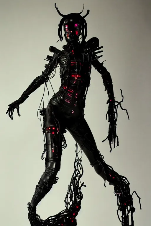 Prompt: full-body cyberpunk style sculpture of a young beautiful dark priestess, half android with a head opening exposing circuitry, glowing red eyes, black roses, flowing blood-red colored silk, fabric, candles, baroque elements, human skull, full-length view. baroque element, intricate artwork by Caravaggio. crows flying in background. Trending on artstation. cinematic lighting from the right, hyper-realism, octane render, 8k, depth of field, 3D